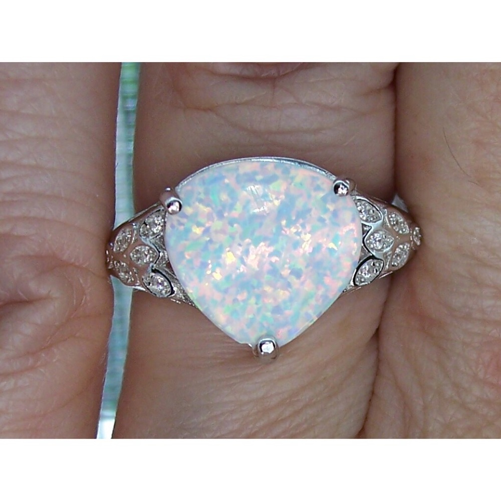 925 STERLING SILVER Lab Created White Fire Opal & CZ Ring - Picture 12 of 16
